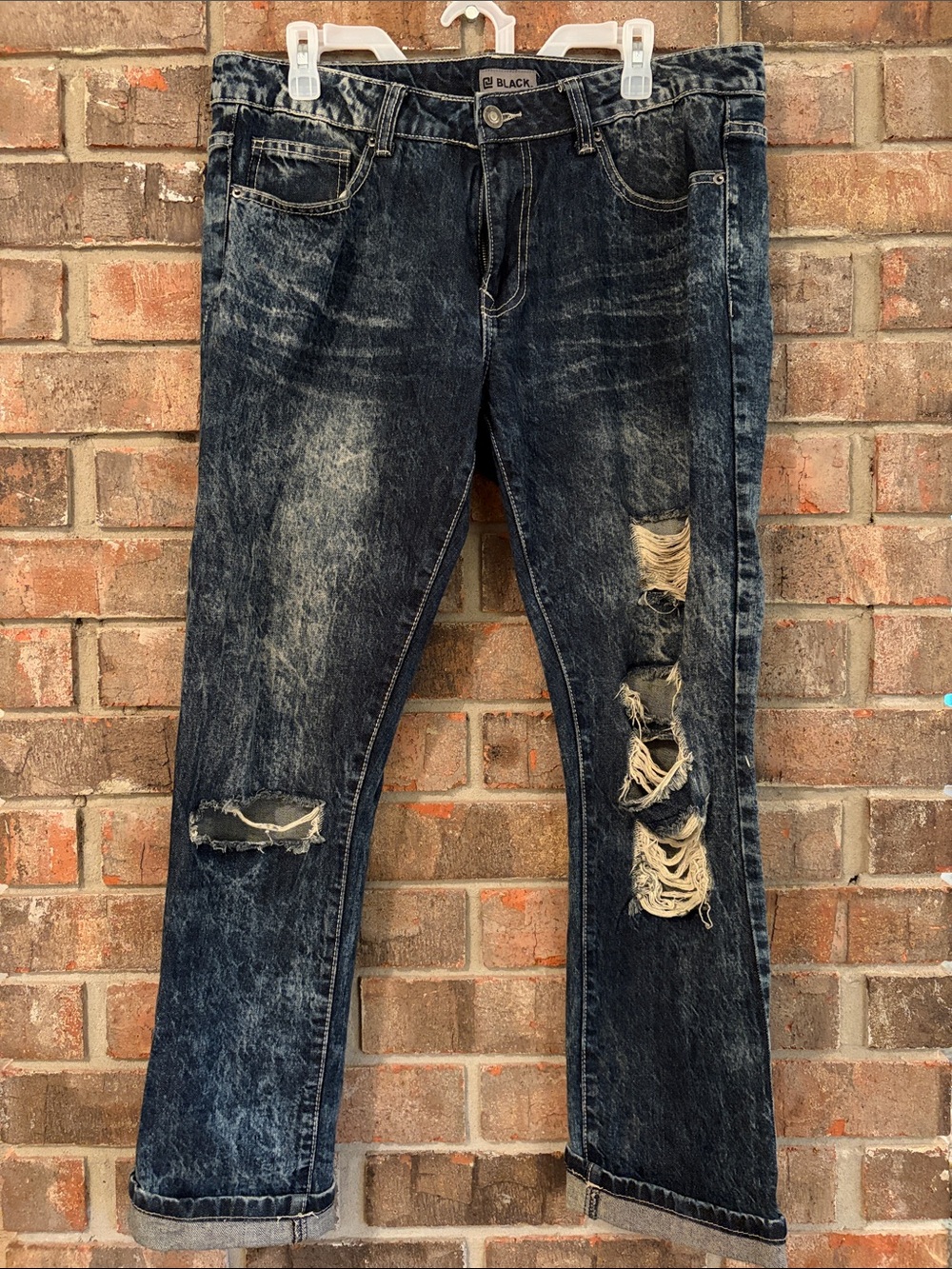 Black Men's Straight Ripped Acid-Wash Jeans - Black